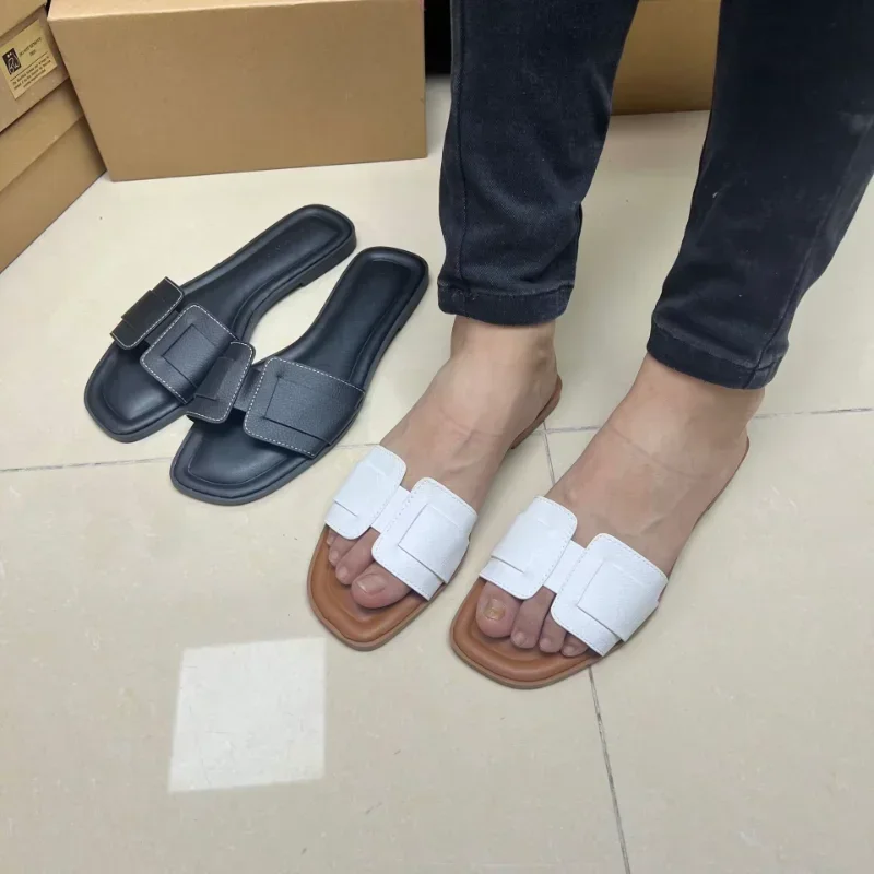 Causal Flat Woman\'s Slippers Peep Toe Outside Street Female Beach Shoes 2024 Summer Soft Leather Brand Design Ladies Slides