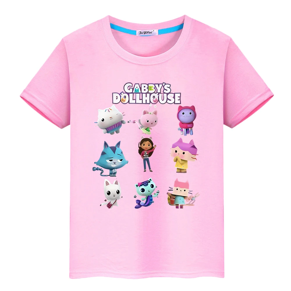 

kids Print T-Shirts Gabbys Dollhouse 100%Cotton anime T-shirt Kawaii Tops Short Sleeve Games TShirts y2k one piece clothes girl