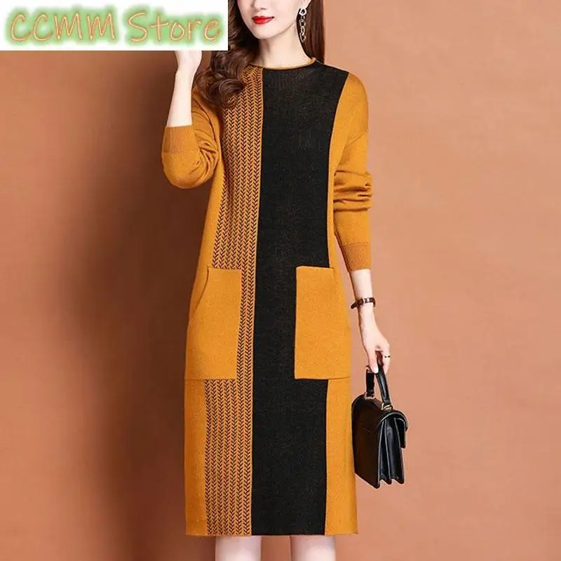 

Vintage Spliced Printed Knitted Dresses Autumn Winter Casual O-Neck Women's Clothing Fashion Pockets All-match A-Line Midi Dress