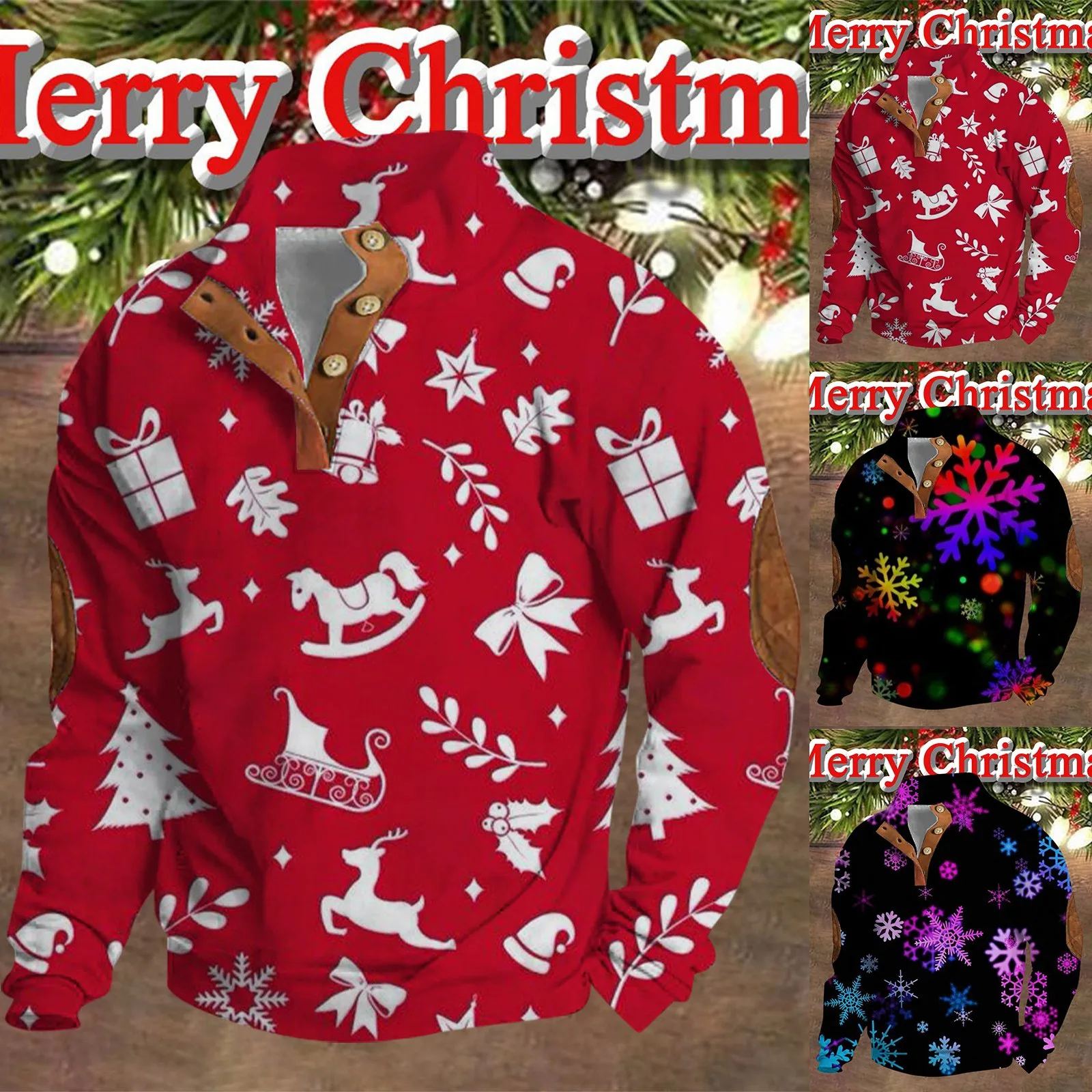 Holiday Clothes Men's Snowflake Print Christmas Hoodies Cute Cartoon Jingle Bell Pullover Patch Sleeve V Neck Causal Outdoor Top