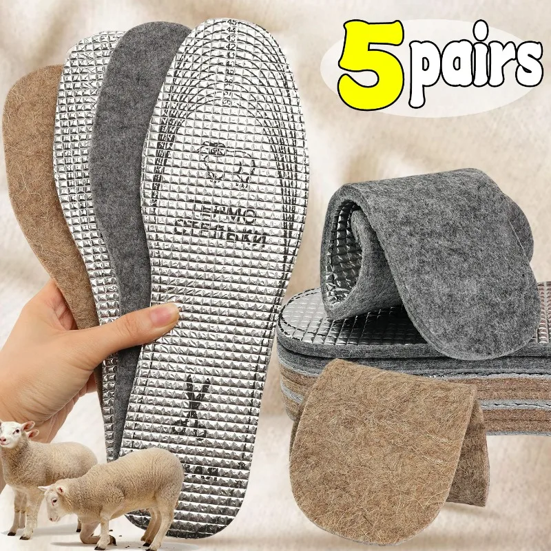 

1-5pairs Thick Wool Felt Insoles for Women Men Winter Shock Soft Sweat-Absorbing Breathable Cut for Shoe Boots Insoles Pads