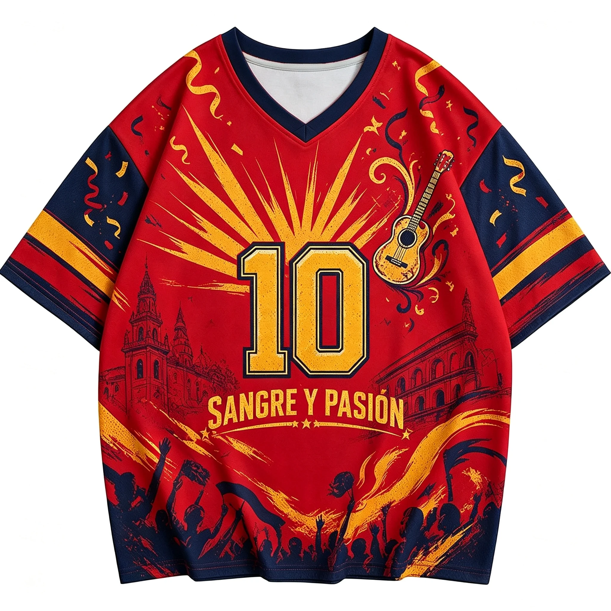 Hot selling Building Crown No.10 3D Printed Quick drying Jersey Red and Yellow Spanish Style Breathable Sports Short Sleeve