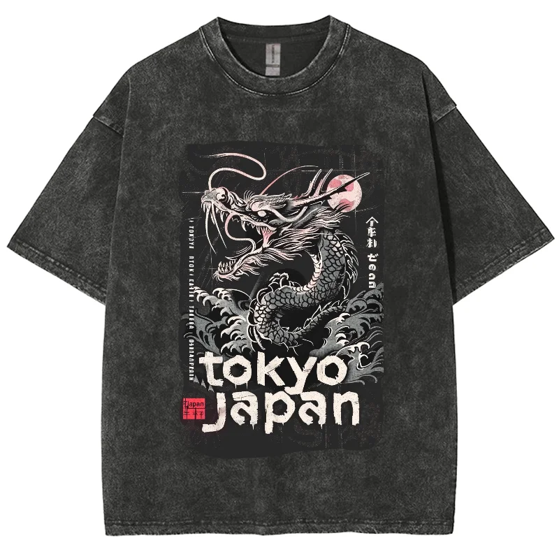 Japanse Stijl Cartoon Drakenprint Dames T-Shirt Fashion Design Wash Losse Korte Mouw Unisex Katoenen Comfort Top 2024 Zomer