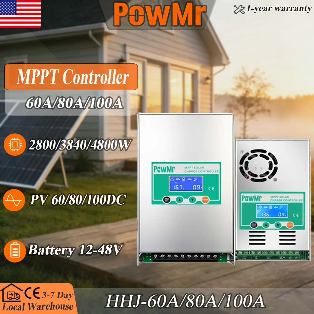 PowMr MPPT 60A/80A/100A Solar Charge Controller 12V-48V Auto, 97% Efficiency Max PV 150V with LCD Display Load Control Built-in Protections for Off-Grid Systems