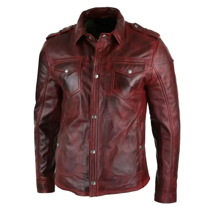 Men Leather Shirt Jacket Red Real Soft Genuine Vintage Leather Shirt Mens Leather Coat