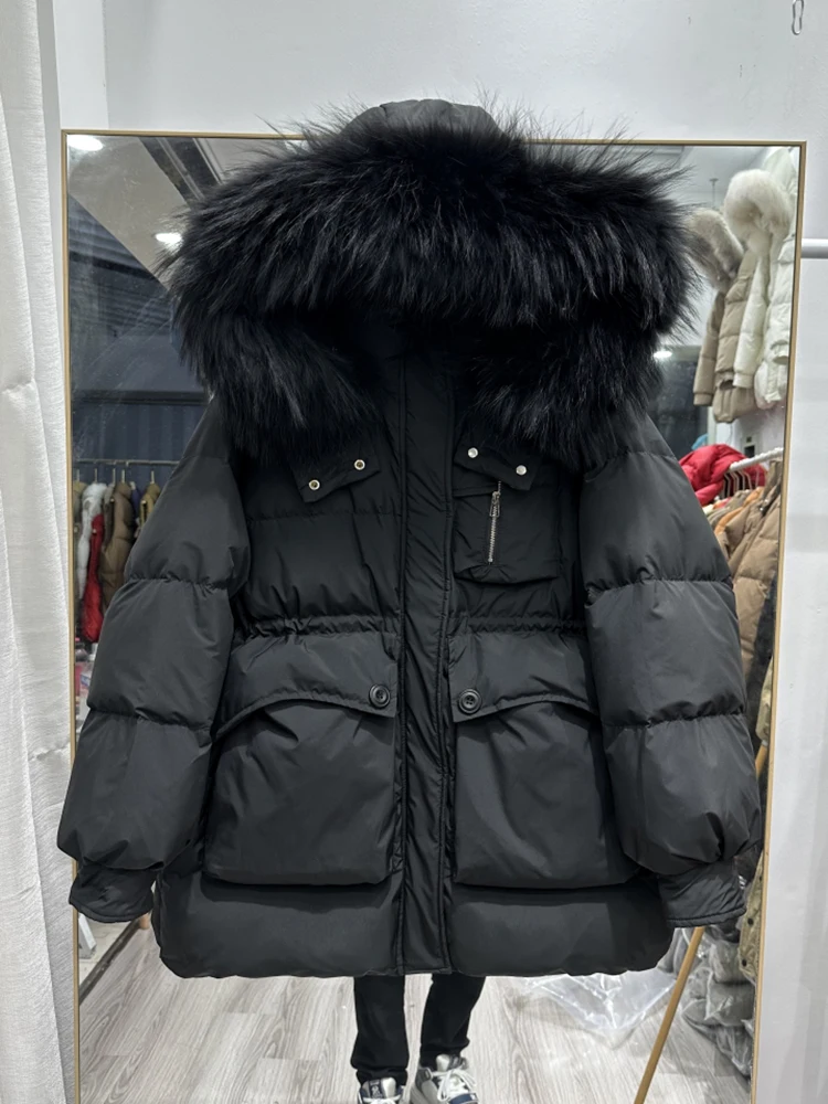 الشتاء الدافئة مقنعين الطبيعية كبيرة الفراء طوق أسفل سترة المرأة الأبيض بطة أسفل باركر أبلى الإناث الرباط سستة الستر