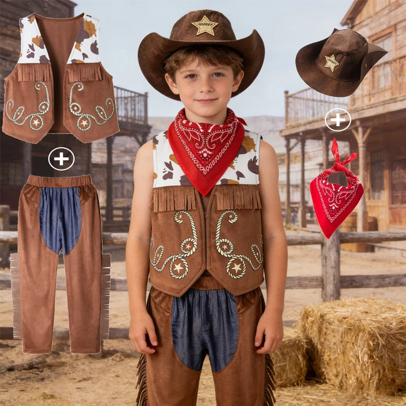 4-teiliges Cowboy-Kostüm für Babys, Jungen, Ostern, Cosplay-Kleidung, Weste + Schal + lange Hosen + Hüte, Karneval, Party, Kostüm, Urlaubsgeschenk