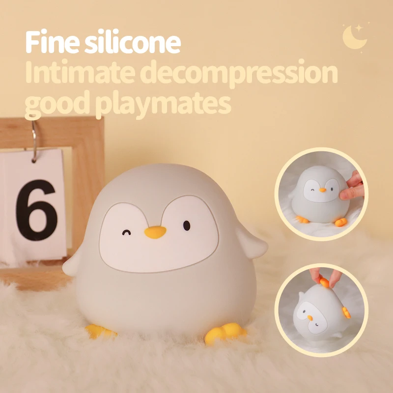 Cartoon Penguin Silicone Lamp Rechargeable LED Night Light Two-level Dimming Timer Off Sleep Light for Room Decoration