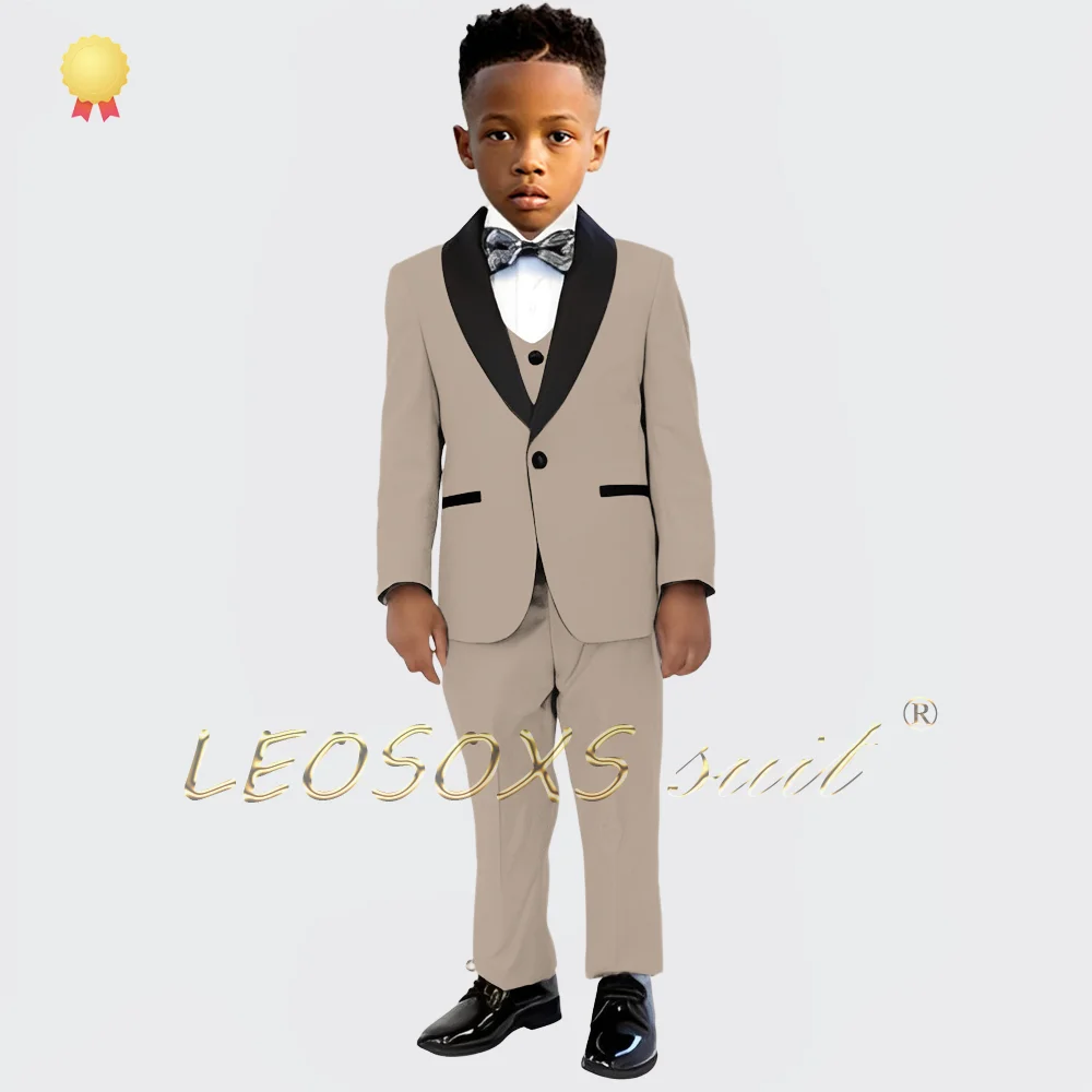 Boys' tailless suit ensemble, 3-piece set with a greenish collar jacket, vest, and trousers, suitable for boys aged 3 to 16.