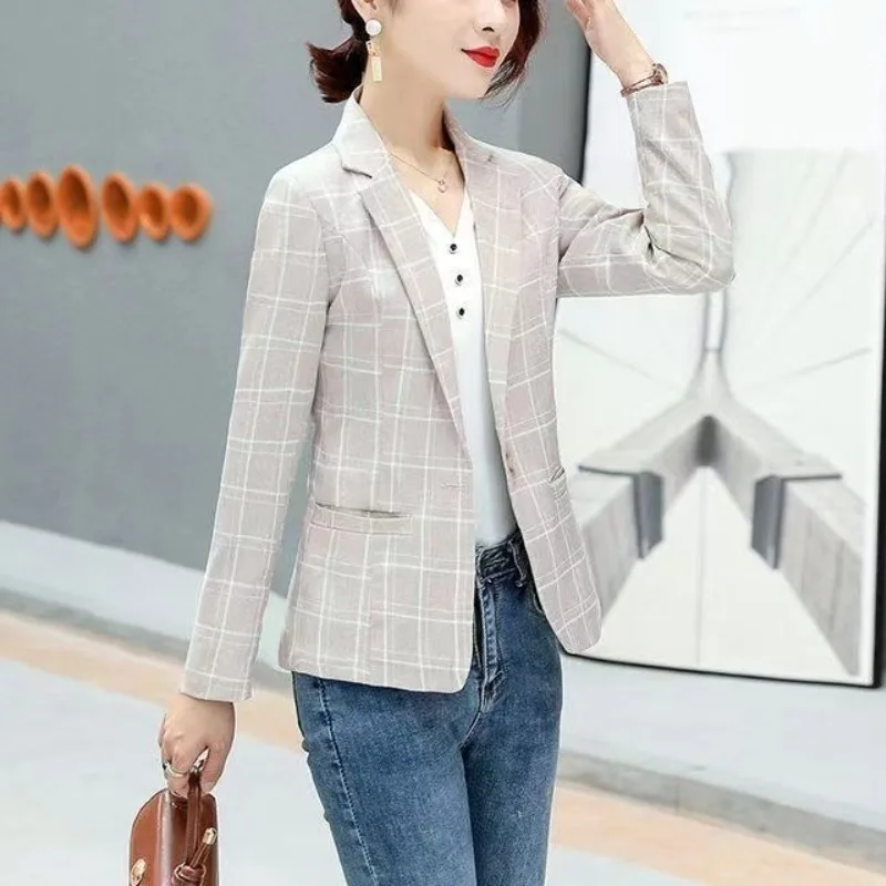 Spring and Autumn Women\'s Solid Color Suit Collar Pocket Button Plaid Slim Fit Long Sleeve Coat Fashion Elegant Casual Tops