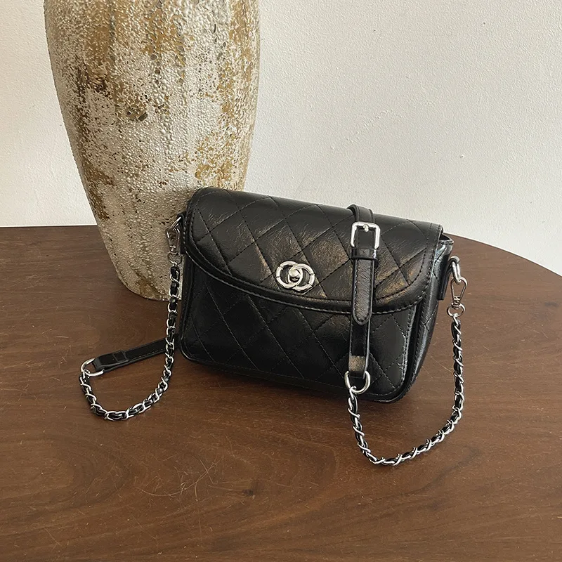 Women Quilted Flap Crossbody Bag, Classic Diamond Lattice Shoulder Purse, Ladies Adjustable Leather Woven Chain Sling Bag with S