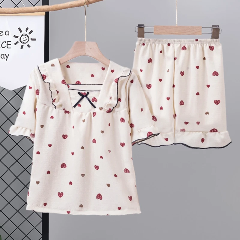 

Girls Cute Bowknot Heart Cartoon Pajamas Children's Short Sleeve V-neck Sleepwear Kids Summer Thin Casual Clothing Sets Pyjamas