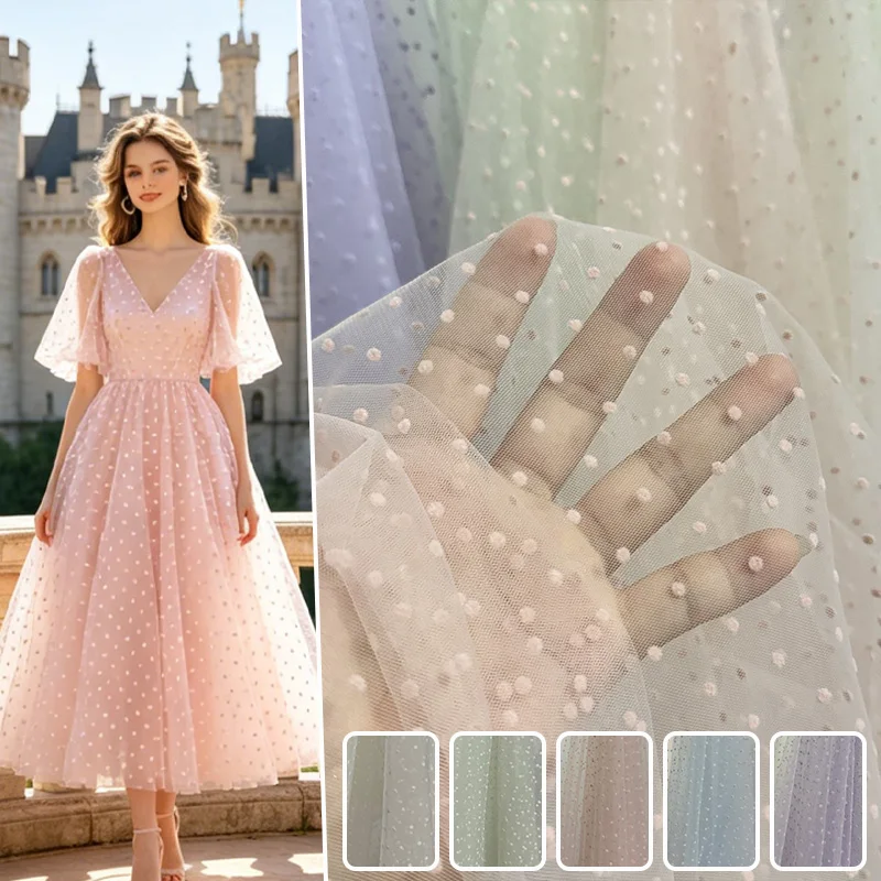 Extra Dense Tulle White Flocked Polka Dot Sheer Purple Pink Khaki Mesh Net Fabric DIY Dress Skirt Wedding Decor Veil Material
