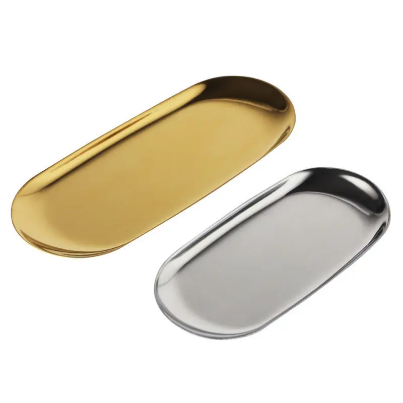 Stainless Steel European Oval Gold Tray Thickened Western Food Dessert Single Layer Flat Tray Jewelry Item Multi-Purpose Storage