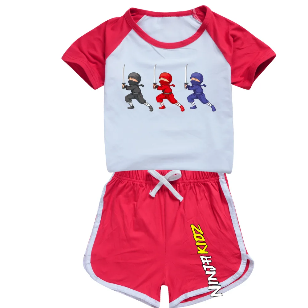 NINJA KIDZ Children Short-Sleeved Pajamas Set Summer Boys Girls Cartoon Casual Cotton Tshirt Top+Pants Sports Outfits image 3