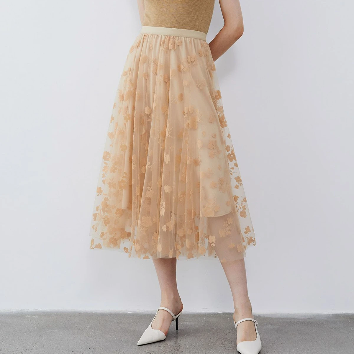 

3D Posy 3 Layered Wineb Skirt 2024 Spring Fairy Floral Flocking Mesh Skirts Female Long Volie Tulle Skirts