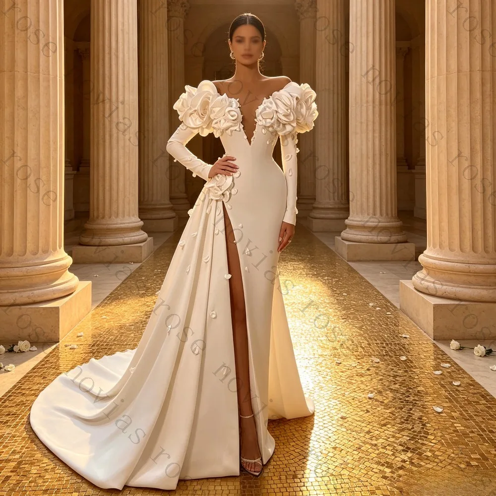 Customized Off Shoulder Deep V Rose Floral Satin Mermaid Gown Long Sleeves High Slit  White Wedding Dress Vestidos De Novia
