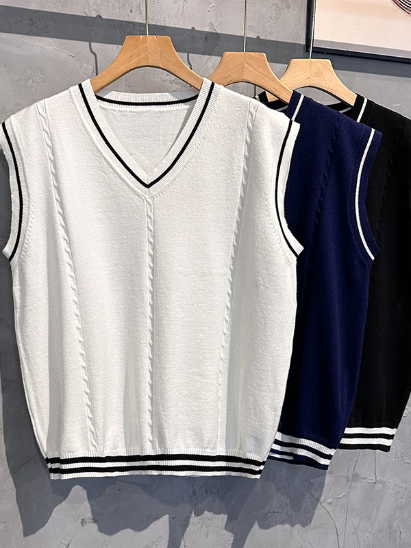 

Мужской вязаный жилет свободного кроя с V-образным вырезом, в стиле колледж, осенне-зимний, модный бренд, с наплечниками, без рукавов