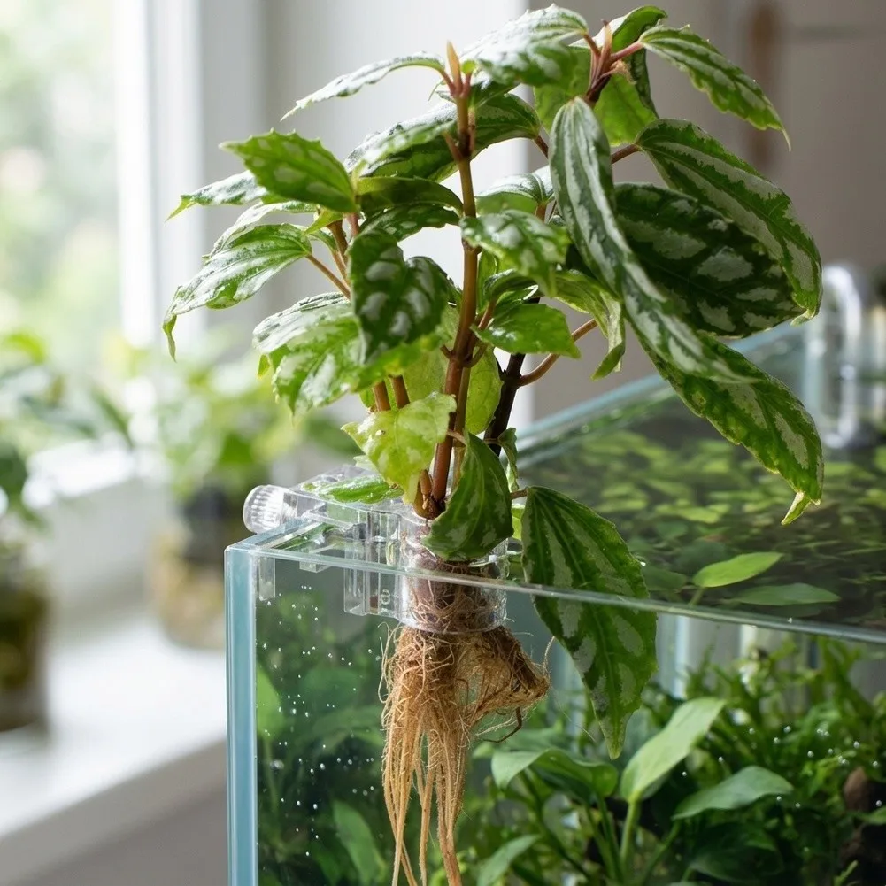 6PCS Adjustable Back Aquarium Plant Holder Cups Transparent Plastic Fish Tank Plant Holder Hydroponic-Green Plants Hanger