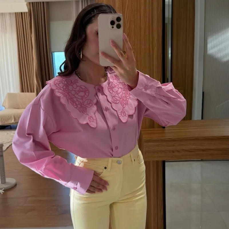 

Элегантная женская рубашка с вышивкой, рубашки с рюшами, женская шикарная женская блузка в стиле бохо, топы, лето 2024, винтажная приталенная рубашка