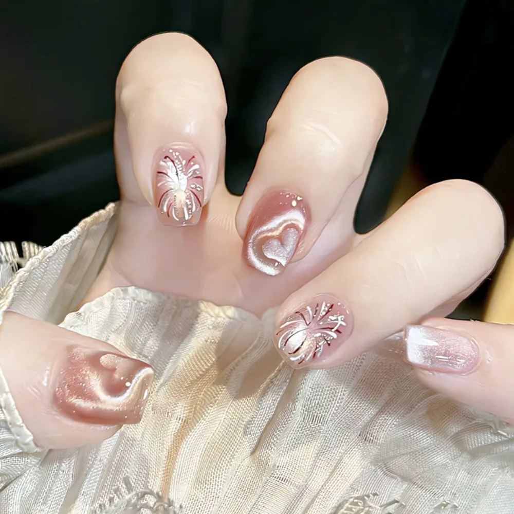 30pcs Short Ballerina False Nails French Cat Eye Shining Slices Nail Tips Golden Butterfly Red Bow Heart Fake Nails DIY
