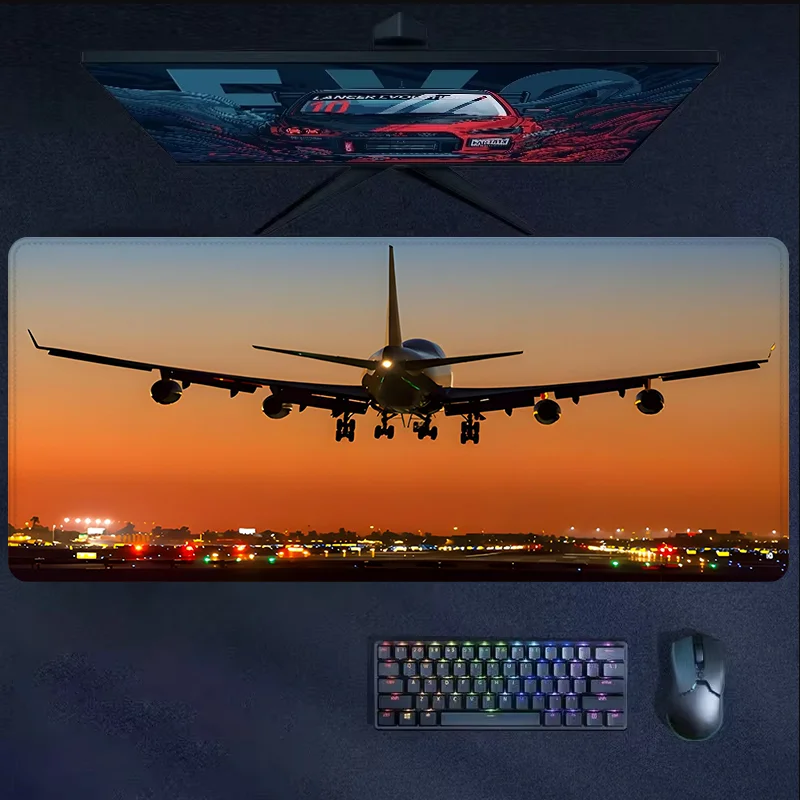 Airplane Mouse Pad Night View HD Design Large Desk Pad Rubber Stitched Edge Computer Mats for Desktop Perfect Gift for Friends