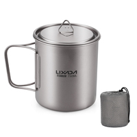 Lixada Water Cup Mug 3 Pieces Titanium 750ml Pot 420ml Water Cup Mug with Lid Handle Folding Spork for Outdoor Camping