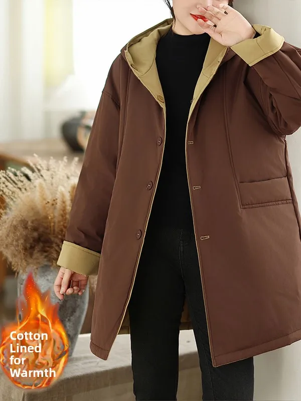 

Double-Sided Wear Cotton Jaet Casual Hooded Contrast Color Thiened Straight Cut Long Sve Women's Coat for Commuting