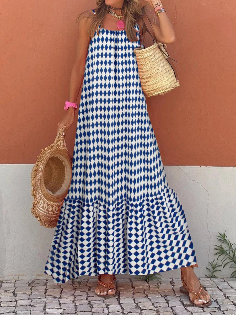 Vestido Boho longo sem mangas feminino, estampa solta, cinta de espaguete, vestidos esvoaçantes, vestido de verão boêmio, praia, coquetel de festa, verão