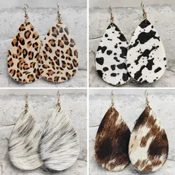 New Large Water Drop Shape Real Cowhide Leopard Earrings Western Original Leather Earrings Denim Earrings Gift Wholesale