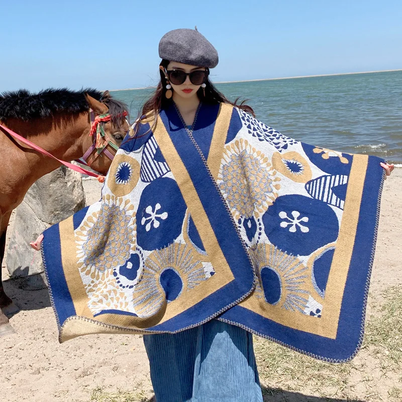 Autumn and winter Poncho thick shawl vacation travel photography ethnic style women's cape self driving tour to keep warm 1