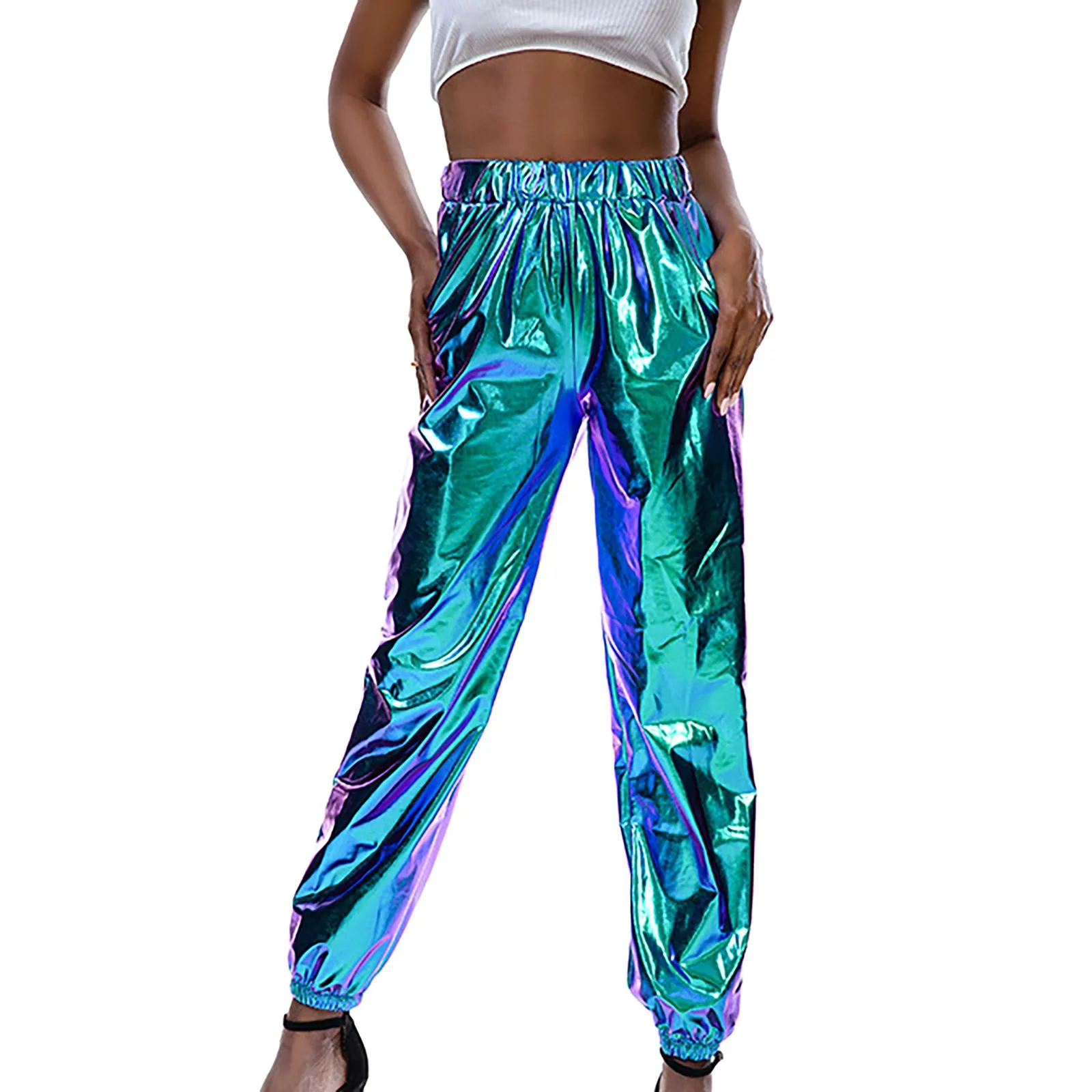 Pantaloni lucidi da donna pantaloni sportivi elastici pantaloni larghi per il tempo libero pantaloni lunghi Casual pantaloni sportivi pantaloni da Jogging Leggings elasticizzati