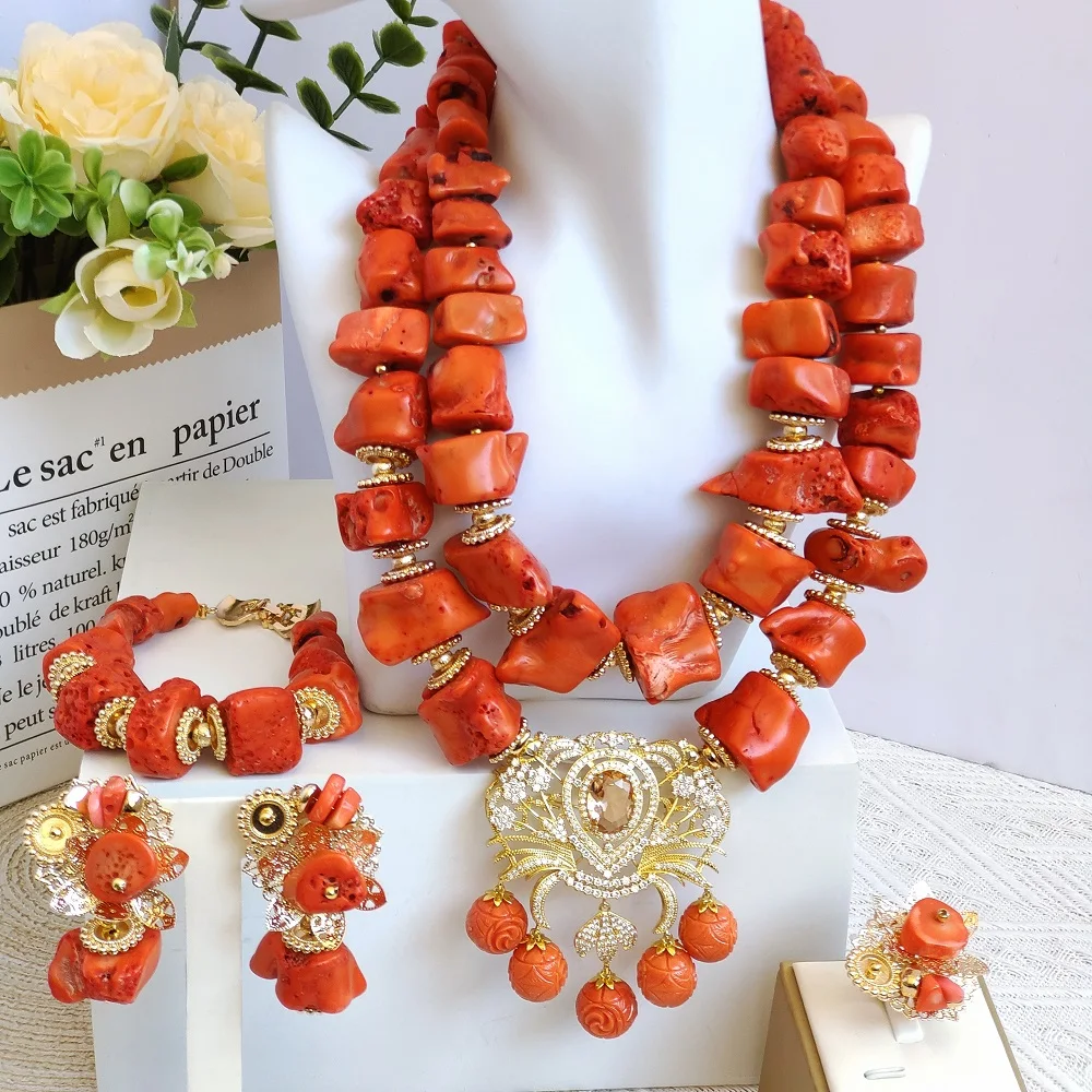 orange original real coral jewelry set traditional wedding beads africa nigeria