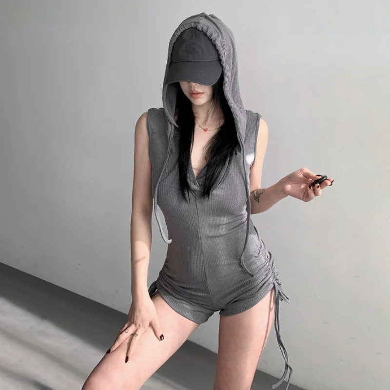 Wasteland Style Girl Sleeveless Jumpsuit Shorts Women's Spring Summer New Slim Fit Yoga Sports Drawstring Shorts Hooded Playsuit