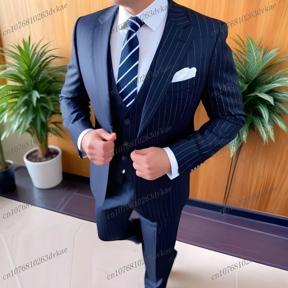 Elastic Stripe Navy Blue Men Business Suit Groom Groomsman Wedding Party Formal Prom Male Tuxedos 2 Piece Set Blazer Vest Pants