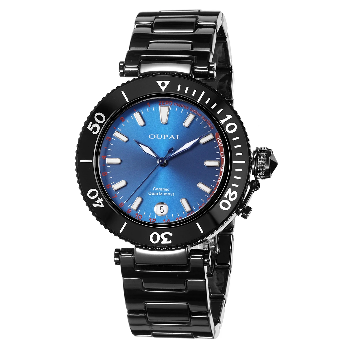 Oupai круглые черные керамические кварцевые часы с перемещением, простые и спортивные часы, мужские наручные часы с календарем, водонепроницаемые, светящиеся