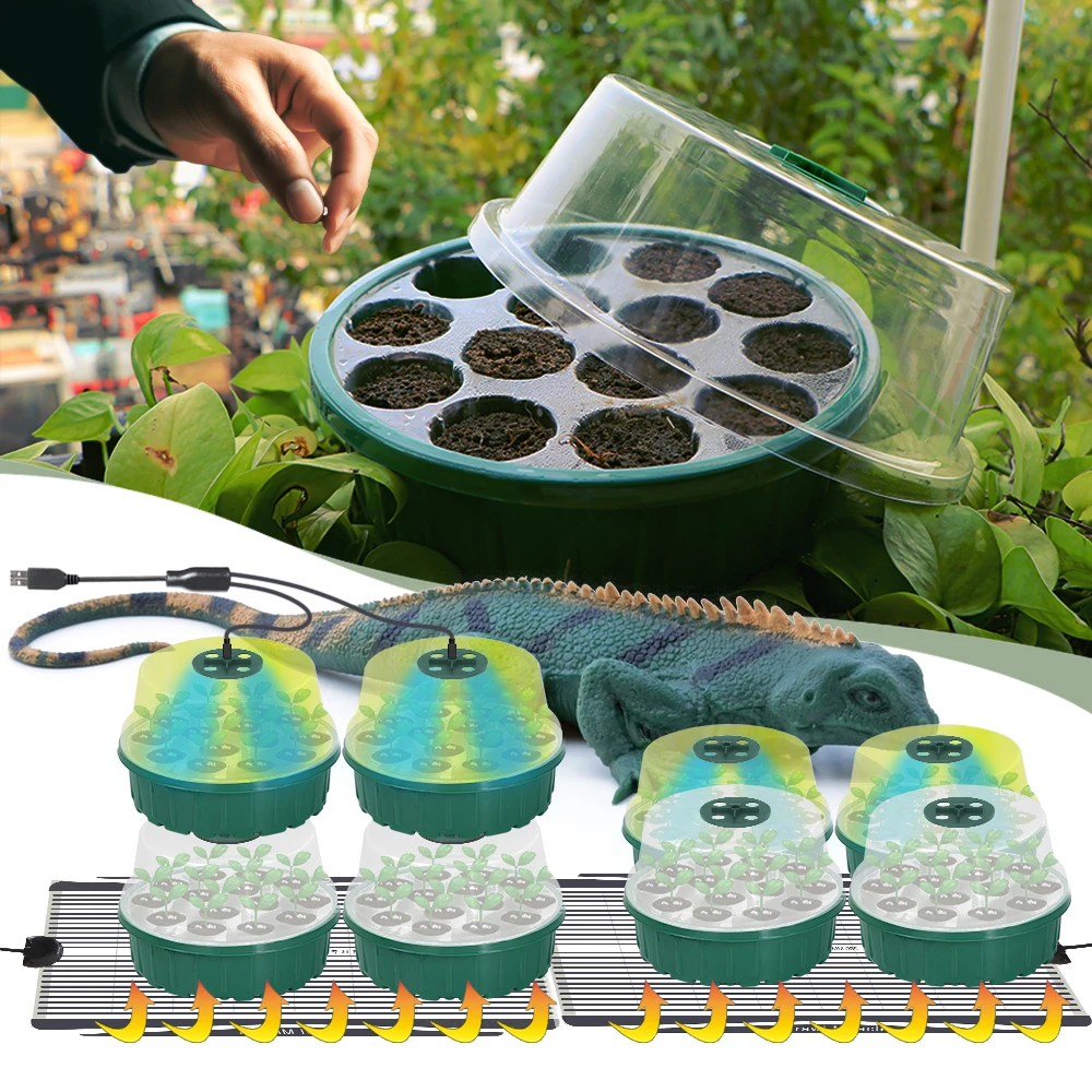 1set 25W Round Seed Starter Tray with Plant Heat Mat Germination Box Garden Indoor Warm Tool LED Growing Light Seed Starting Kit