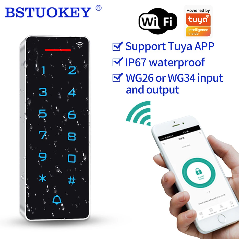 

Support Tuya App Wifi Access Control Keypads 125khz 13.6Mhz RFID Keyfob Access Control Kit Wiegand 26 IP67 Waterproof 2000 User