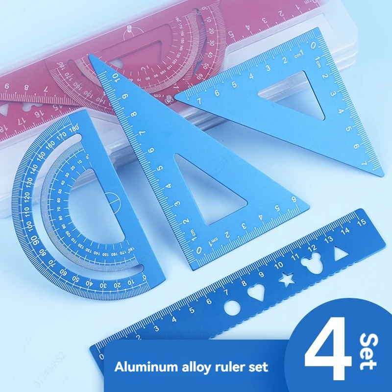4 In 1 Aluminum Alloy Ruler Stationery Set Aluminum Alloy Multifunctional Combination Ruler for Drawing Ruler Set