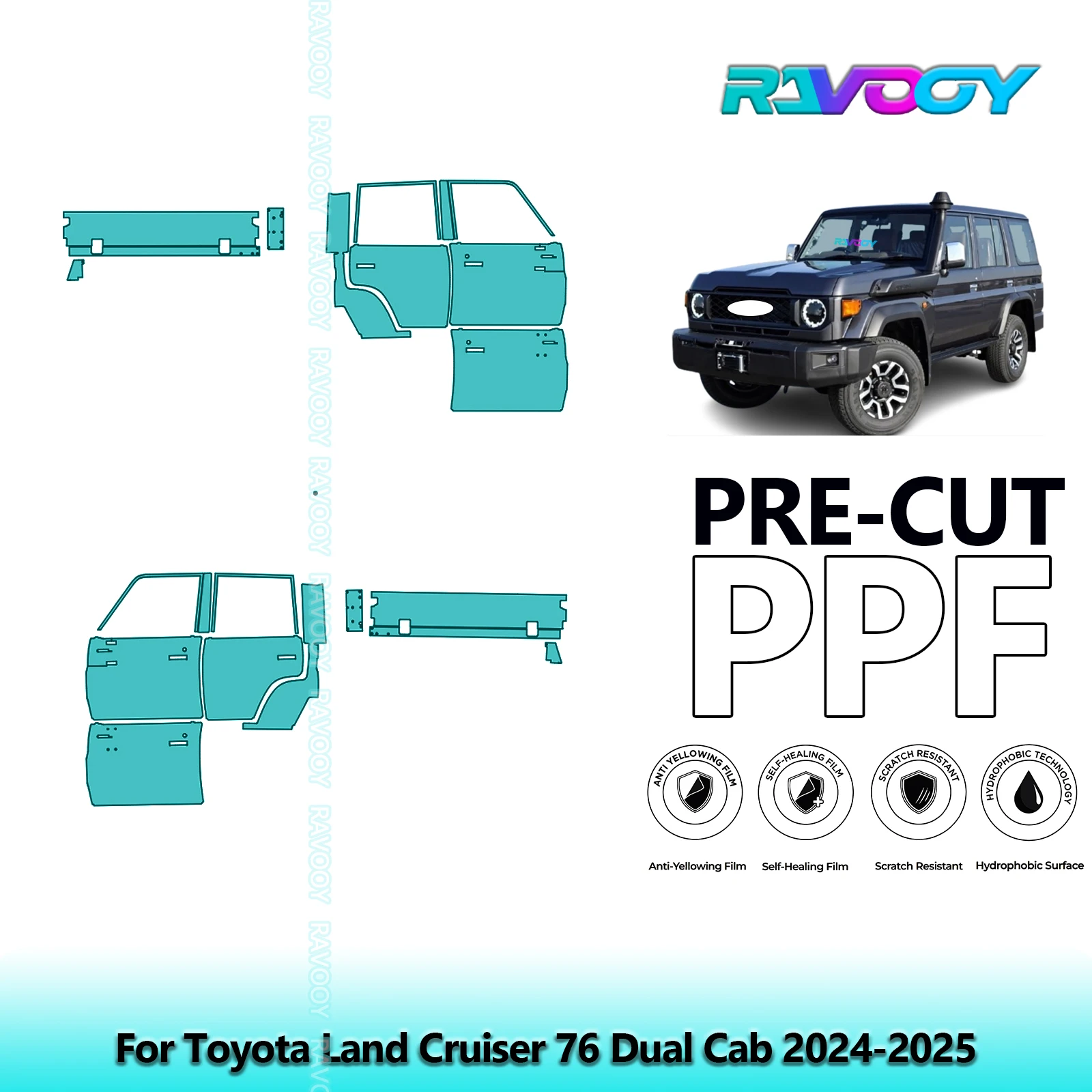 

For Toyota Land Cruiser 76 Dual Cab 2024-2025 8.5mil Clear Matte Pre-Cut PPF Door & A/B Pillar Kit TPU Paint Protection Film Set