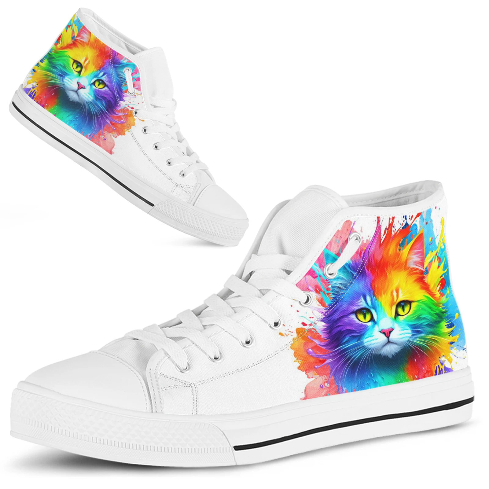 ELVISWORDS White Canvas Women's Shoes Cat Print Sneakers Colorful Art Watercolor Cat Designer High Top Women's Vulcanized Shoes