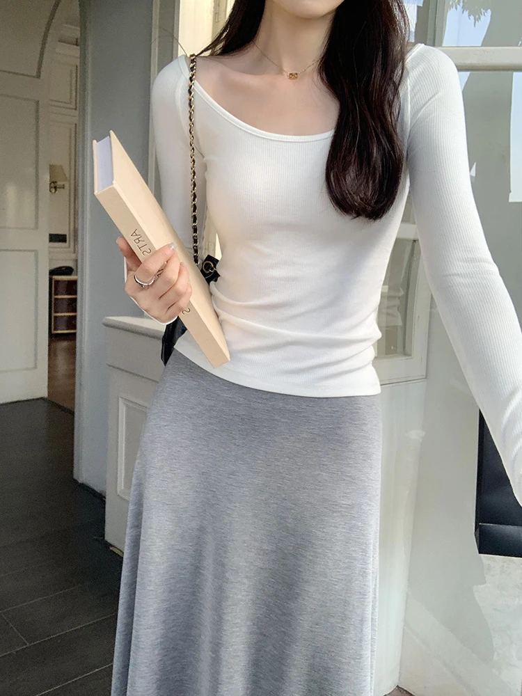 White Long Sleeve Low Neck Base Shirt Women's Slim Fit T-Shirt Inner Wear for Autumn Winter New Style Commute Korean Version