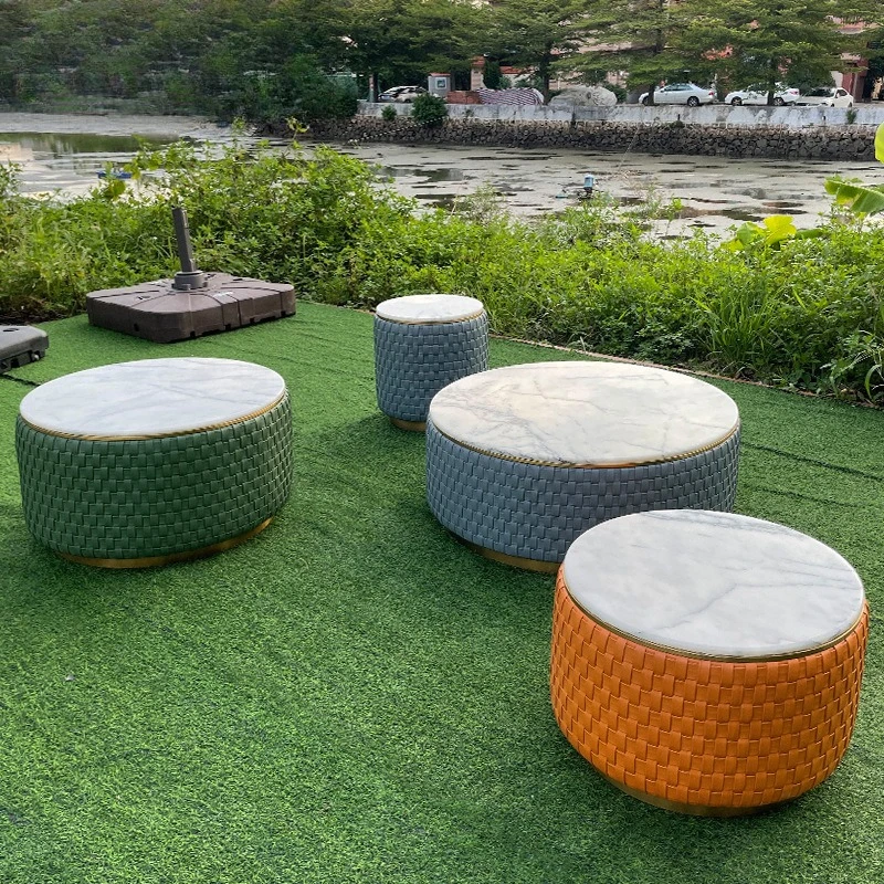 

Indoor living room light luxury round size coffee table outdoor garden courtyard outside marble woven tea table combination