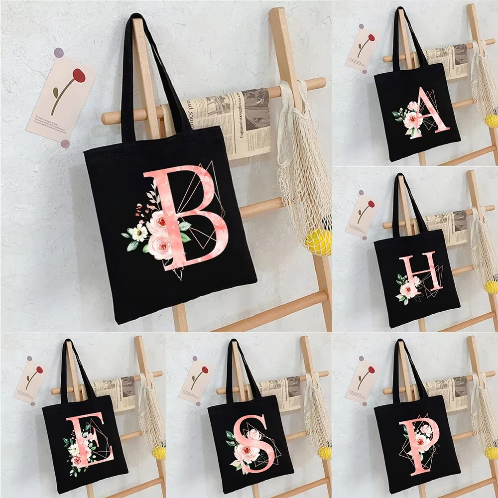 Black Floral Alphabet Canvas Tote Bag Vintage Aesthetic Shoulder Bag for Women Students Large Capacity Book Handbag Eco-friendly