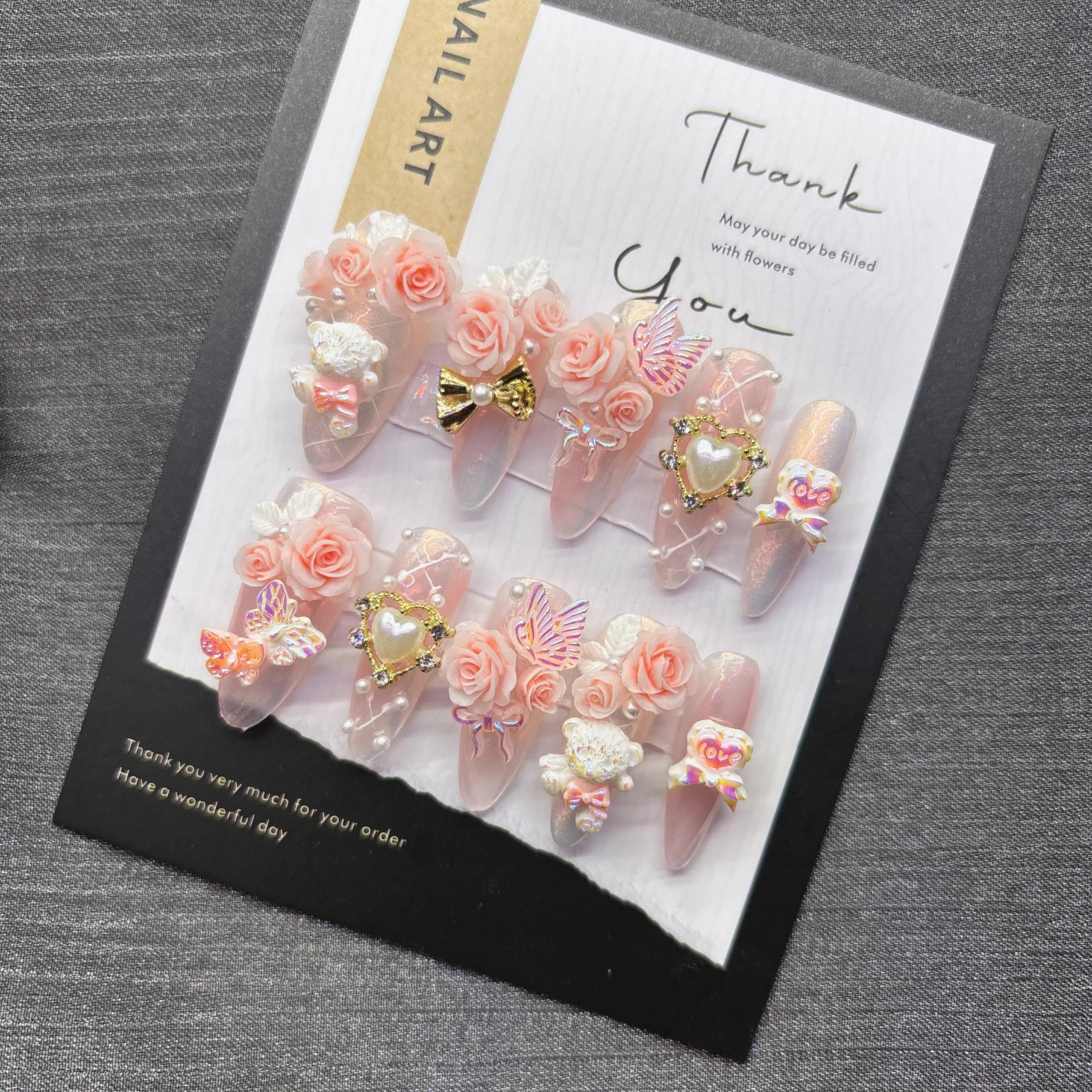 Sweet Princess Romantic Press on Nail Light Pink Glitter with Butterfly Bear Charm Cute Fake Nails for Date Night Snug No Damage