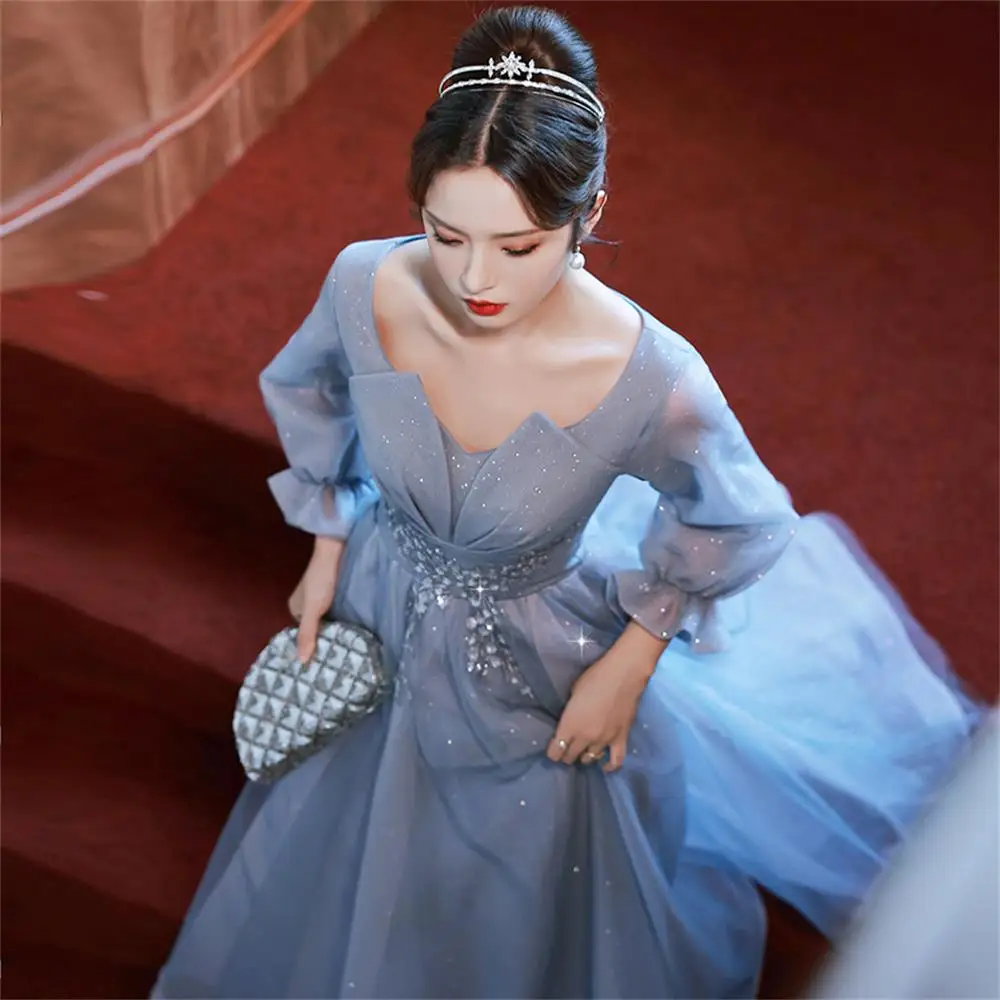 

DSP Элегантные тюлевые платья для выпускного вечера с v-образным вырезом и блестками, женские вечерние платья с длинными рукавами