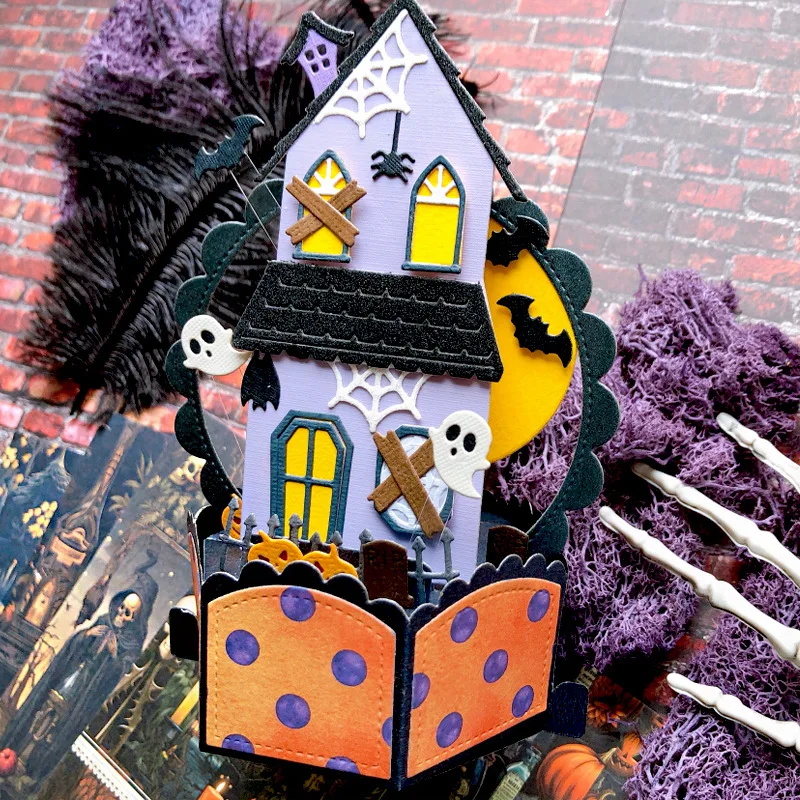 Halloween Haunted House 3D Pop Up Metal Cutting Dies Bat Pumpkin Window Die Cuts for DIY Scrapbooking Album Halloween Greeting