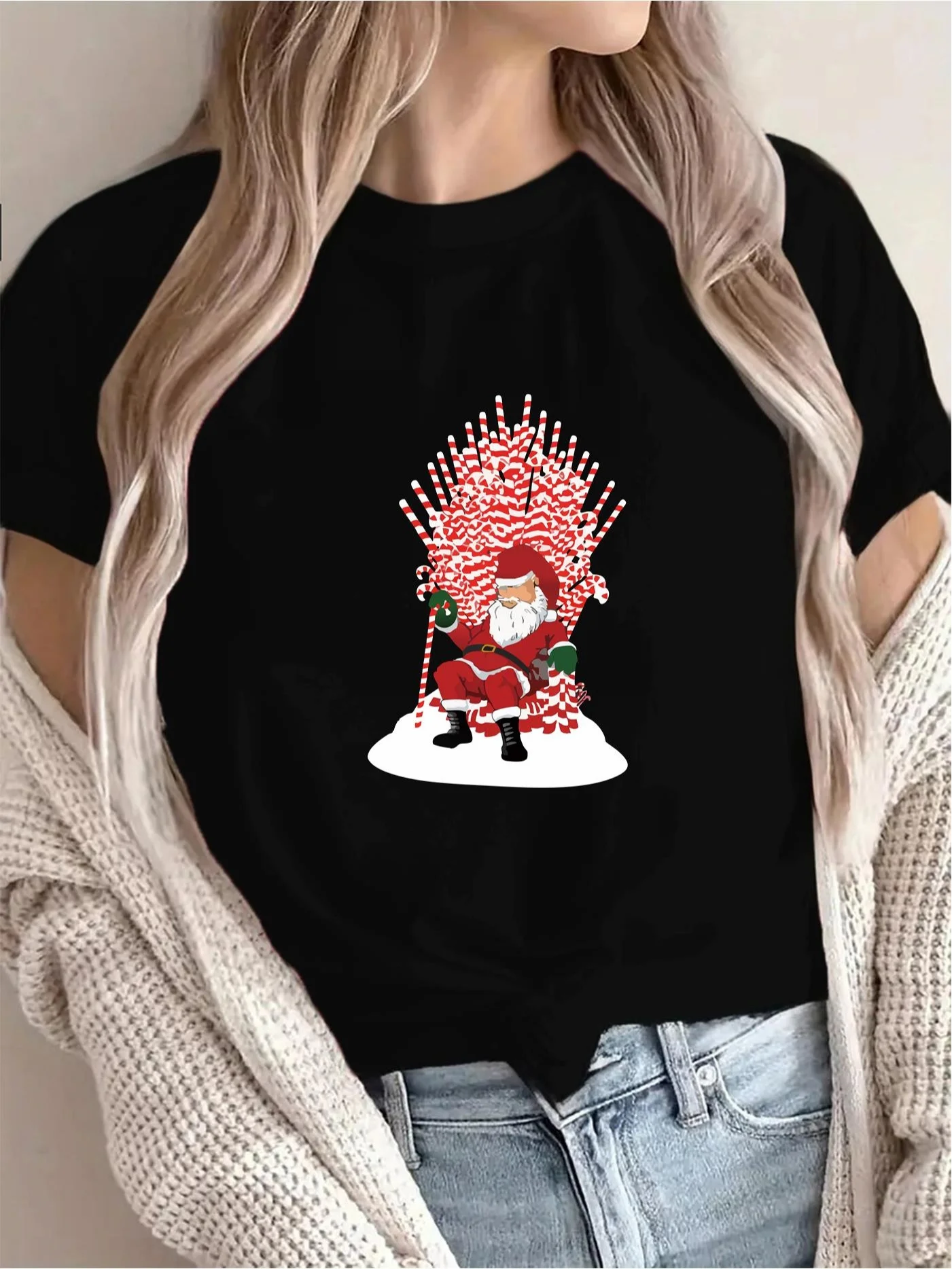 

2025 Christmas Santa Claus Print T-Shirt Short Sleeve Round Neck with Santa Reindeer Graphic Harajuku Short Sleeve Casual Tops