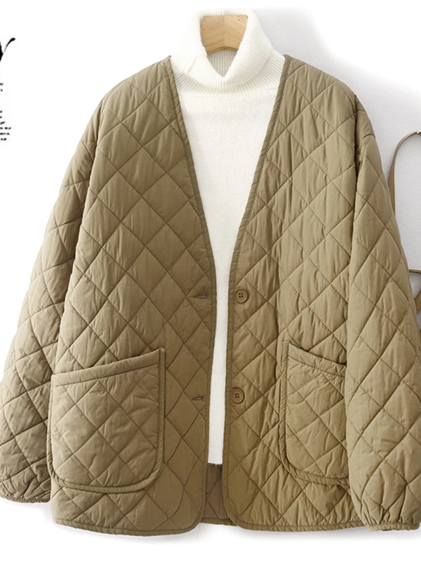 

Свободная повседневная женская хлопковая куртка с v-образным вырезом в Корейском стиле с ромбовидным узором, зимняя теплая длинная застежка на одной пуговице