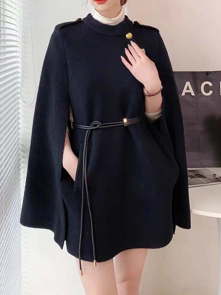 Women Single-Breasted Rivet Cape Batwing Sleeves Loose Poncho Winter Faux Woolen Long Overcoat Pullover Out Street Knitwear